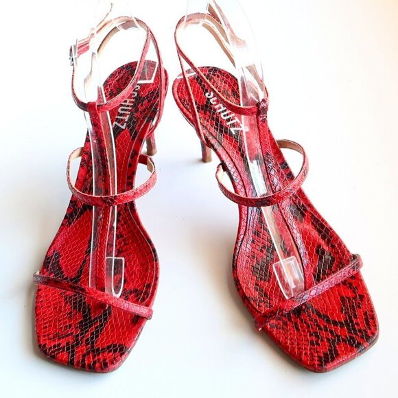 SCHUTZ Red Black Snakeskin Strappy Open Square Toe  Heeled Sandals Summer Shoes - Picture 15 of 16